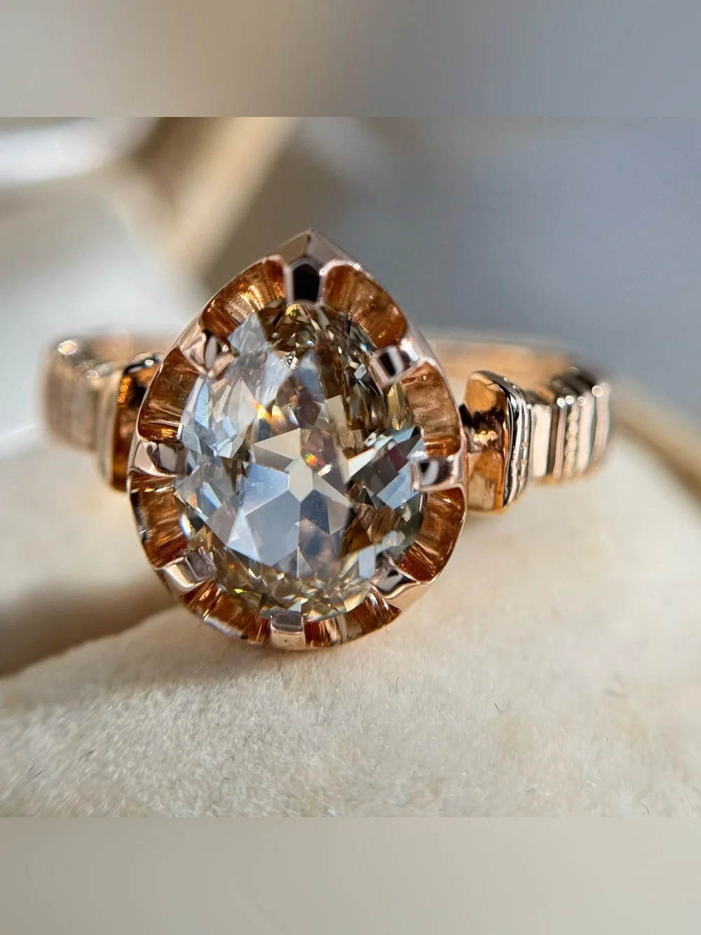 2.14 carat GIA Fancy Yellow-Brown Antique Cut Pear Natural Diamond Ring